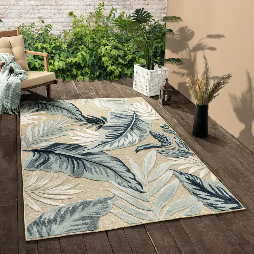 Blue Beige And Cream Floral Stain Resistant Indoor Outdoor Area Rug Photo 9