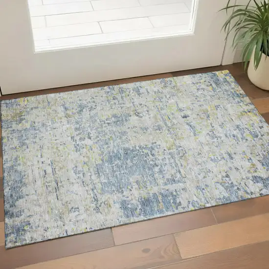 Blue Beige And Gold Abstract Washable Area Rug With UV Protection Photo 1