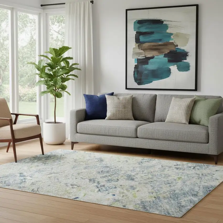 Blue Beige And Gold Abstract Washable Area Rug With UV Protection Photo 2