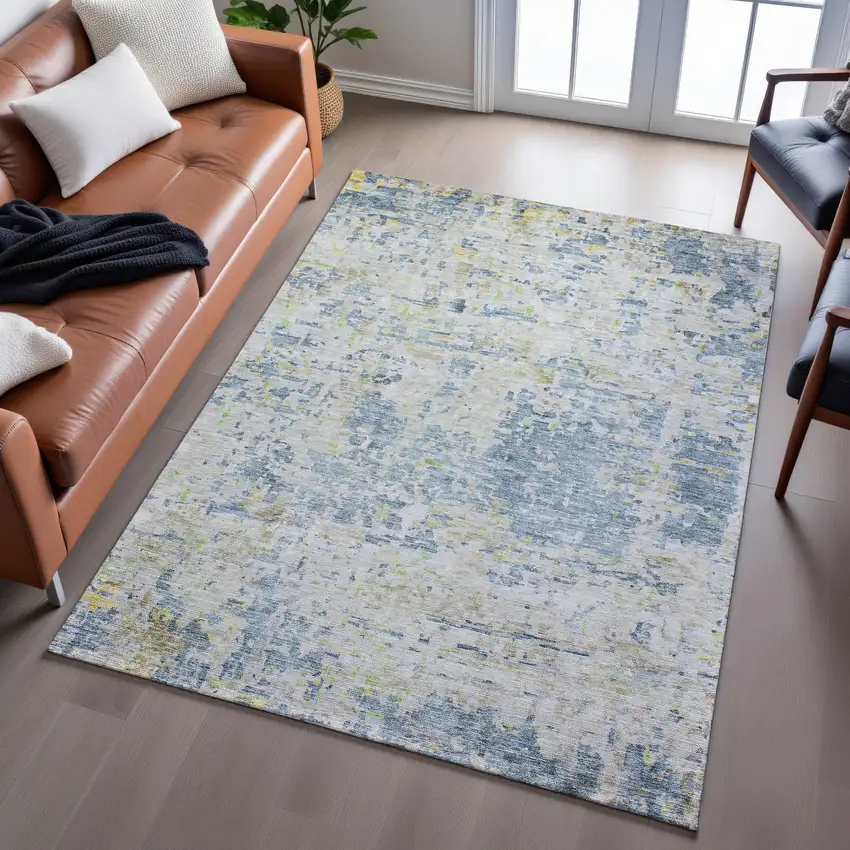 Blue Beige And Gold Abstract Washable Area Rug With UV Protection Photo 5