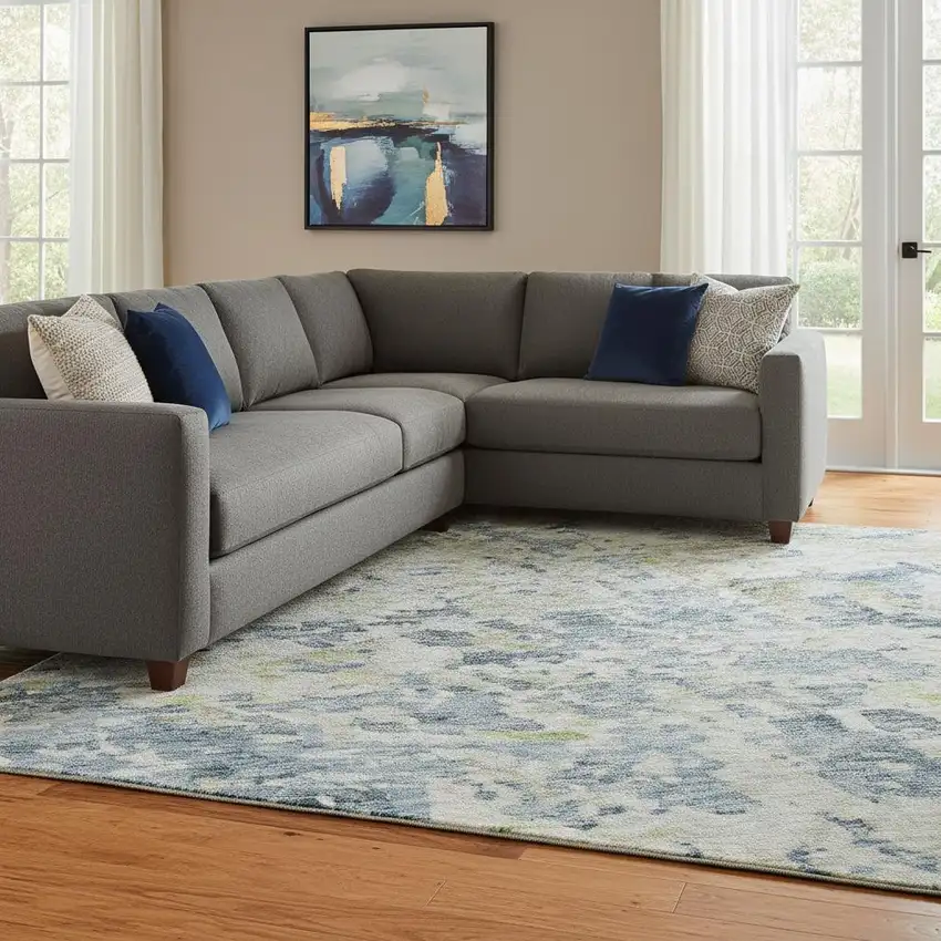 Blue Beige And Gold Abstract Washable Area Rug With UV Protection Photo 2