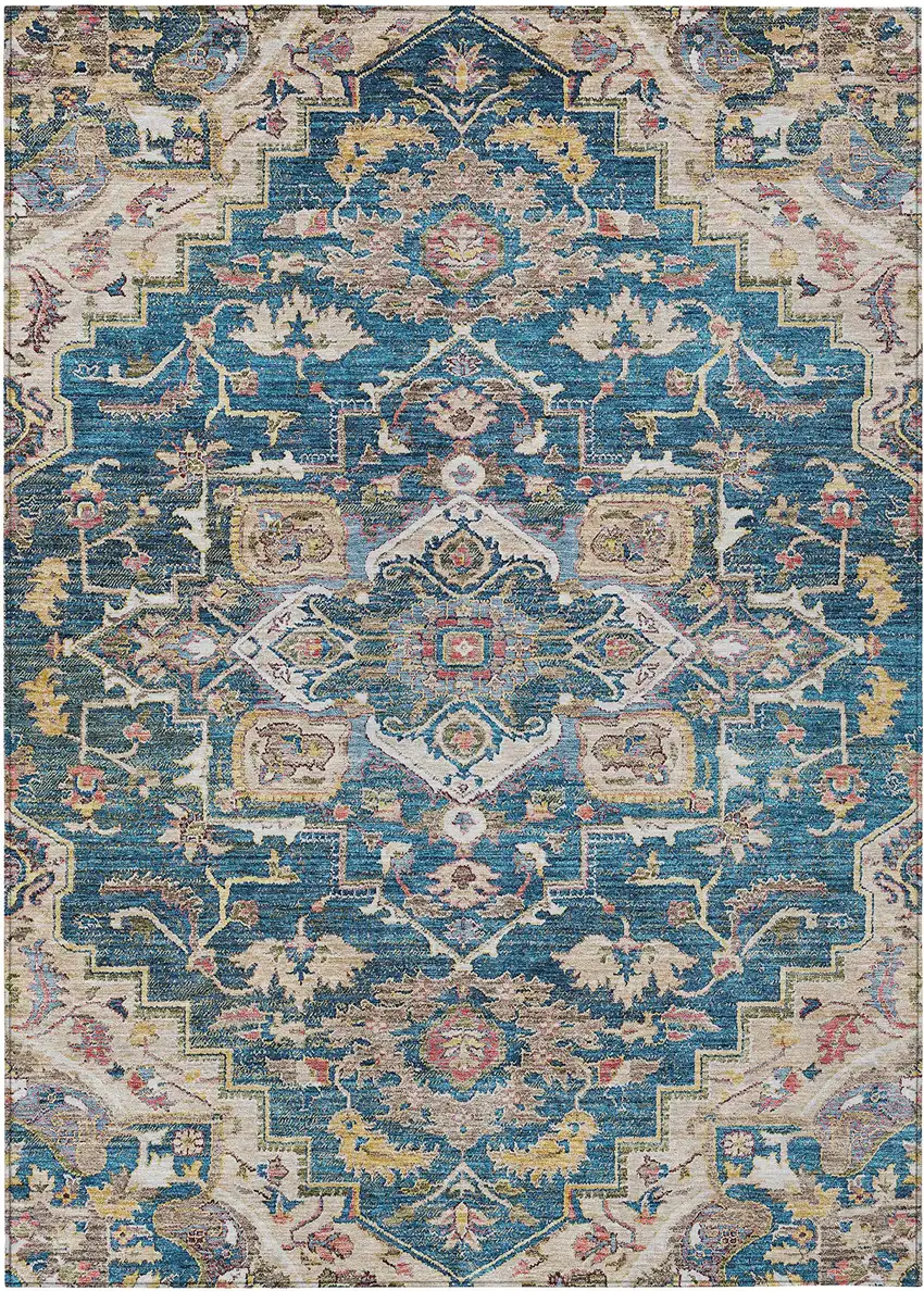 Blue Beige And Gold Oriental Washable Indoor Outdoor Area Rug Photo 2