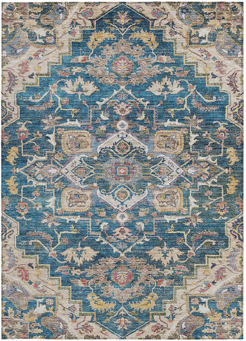 Blue Beige And Gold Oriental Washable Indoor Outdoor Area Rug Photo 8