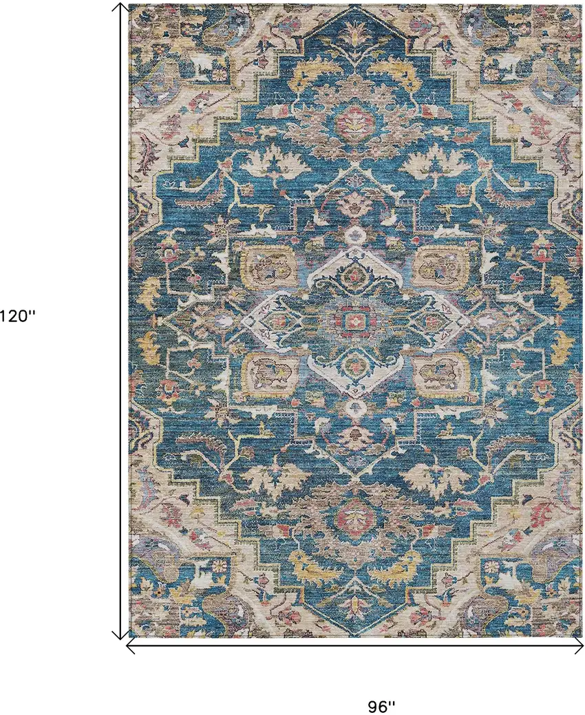 Blue Beige And Gold Oriental Washable Indoor Outdoor Area Rug Photo 3