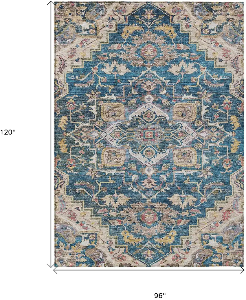 Blue Beige And Gold Oriental Washable Indoor Outdoor Area Rug Photo 3