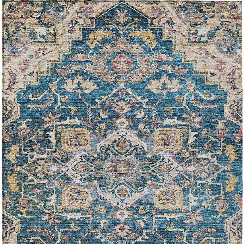 Blue Beige And Gold Oriental Washable Indoor Outdoor Area Rug Photo 7