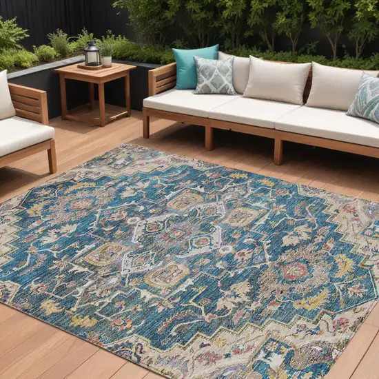 Blue Beige And Gold Oriental Washable Indoor Outdoor Area Rug Photo 1