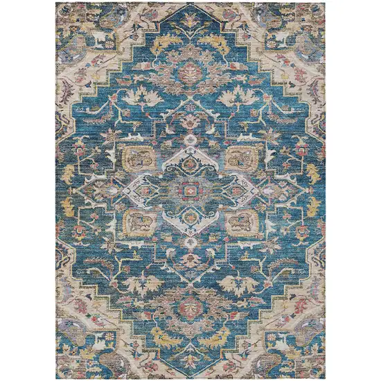 Blue Beige And Gold Oriental Washable Indoor Outdoor Area Rug Photo 2