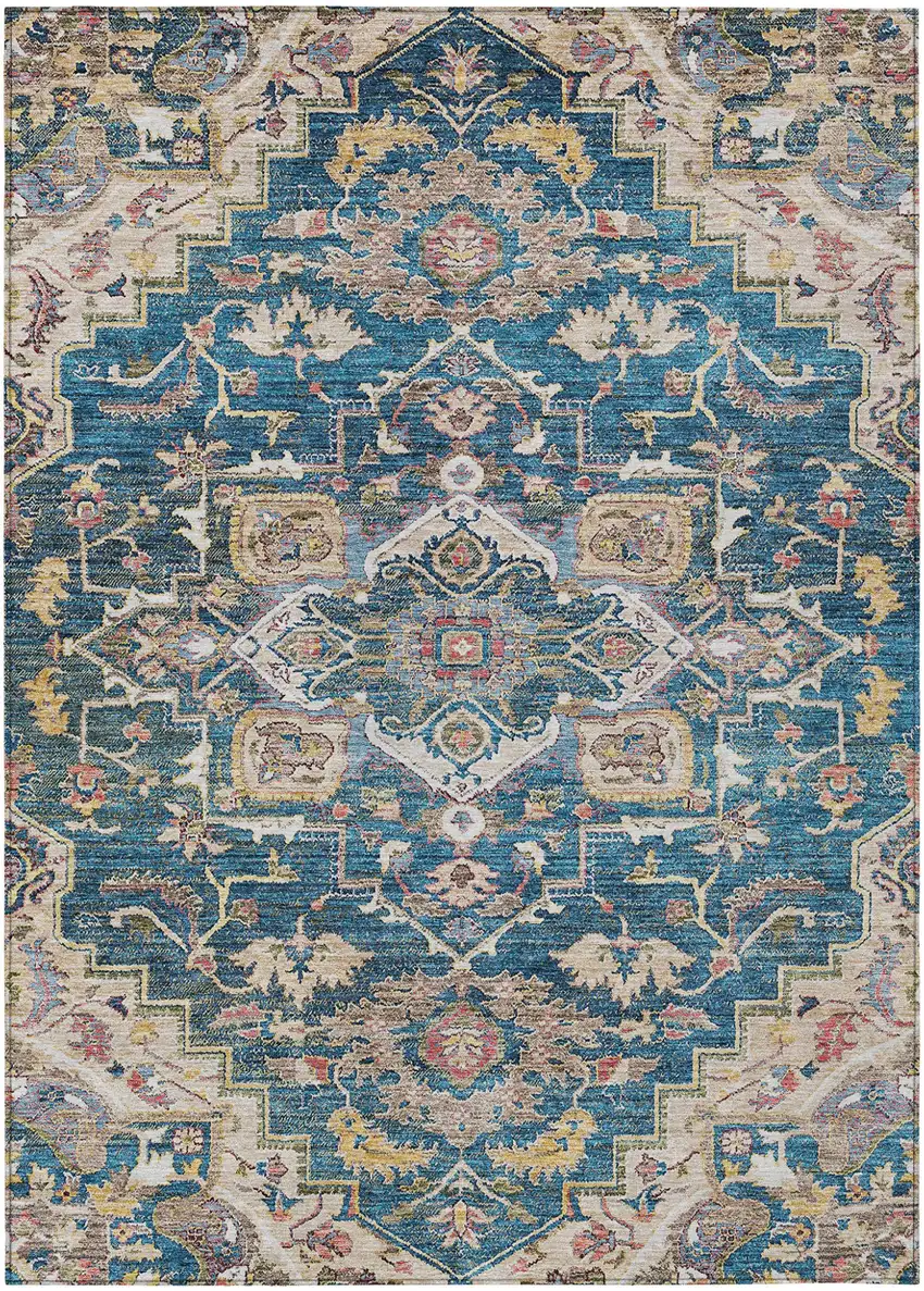 Blue Beige And Gold Oriental Washable Indoor Outdoor Area Rug Photo 2