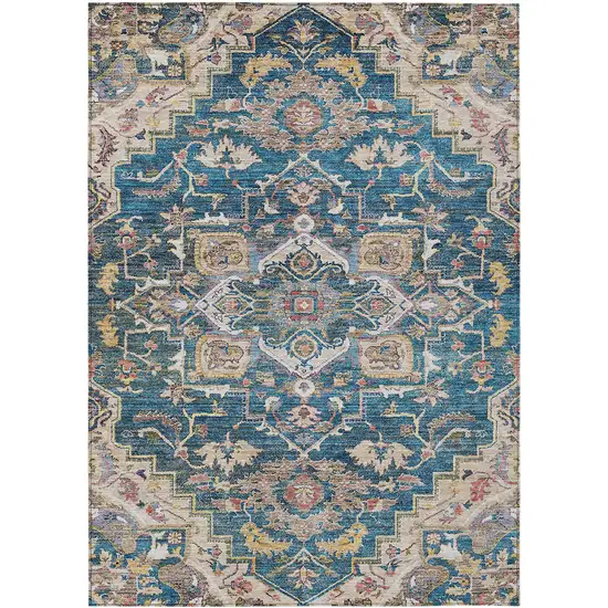 Blue Beige And Gold Oriental Washable Indoor Outdoor Area Rug Photo 2