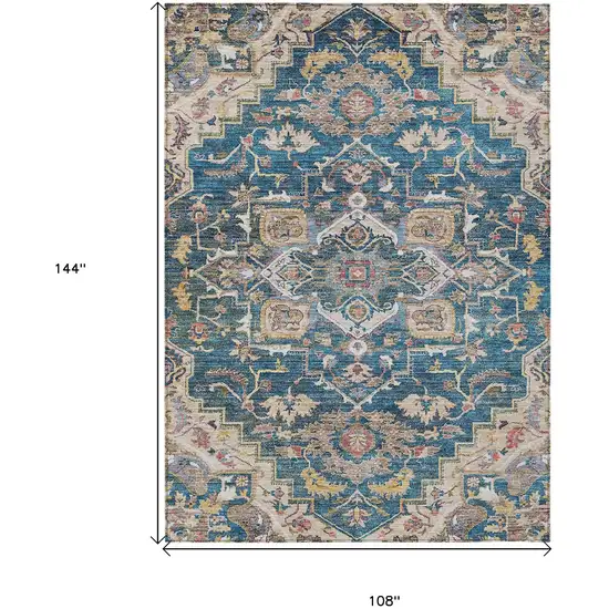 Blue Beige And Gold Oriental Washable Indoor Outdoor Area Rug Photo 3