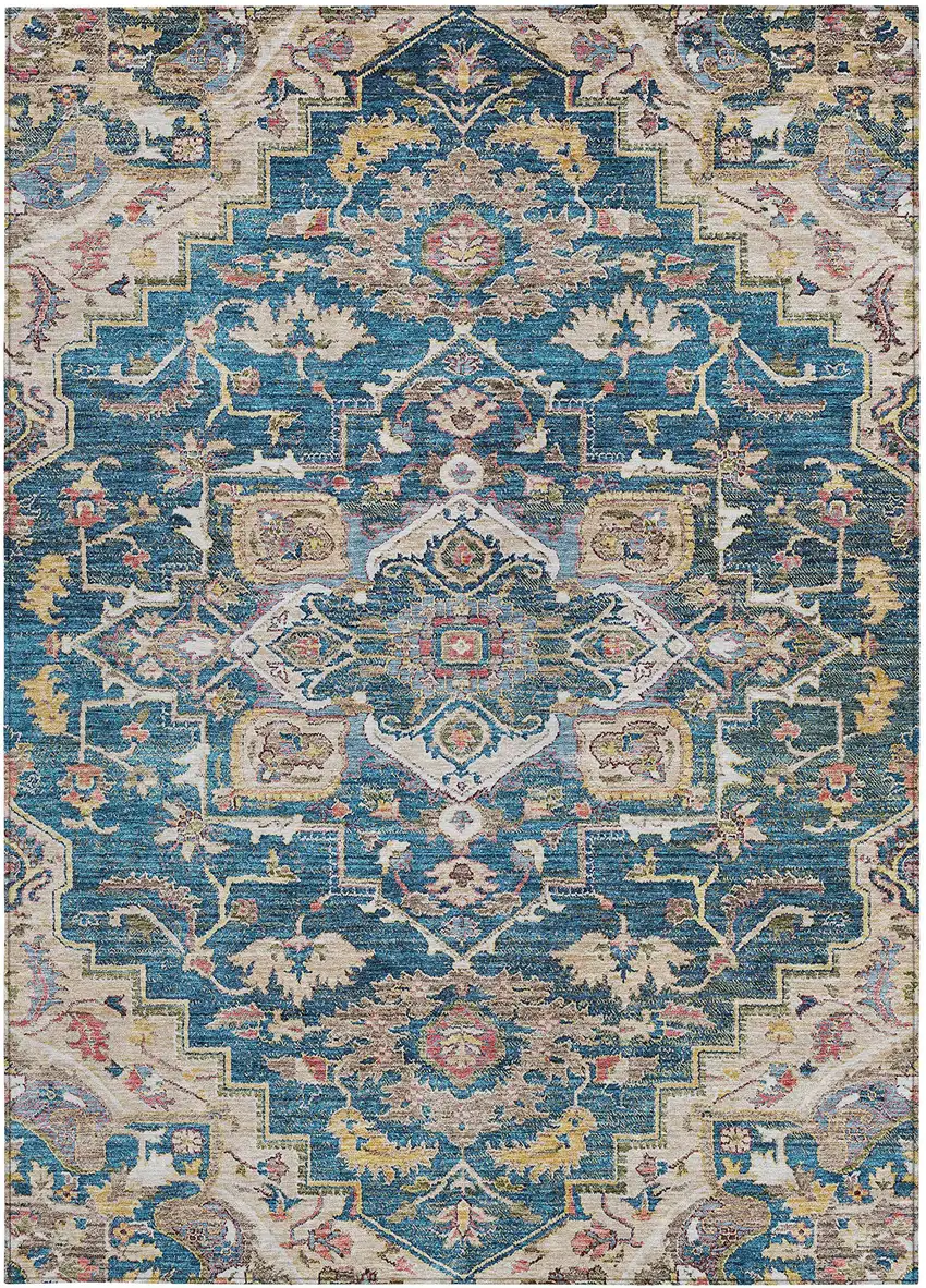 Blue Beige And Gold Oriental Washable Indoor Outdoor Area Rug Photo 8