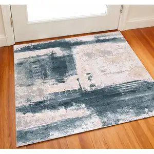 Photo of Blue Beige And Gray Abstract Square Rug