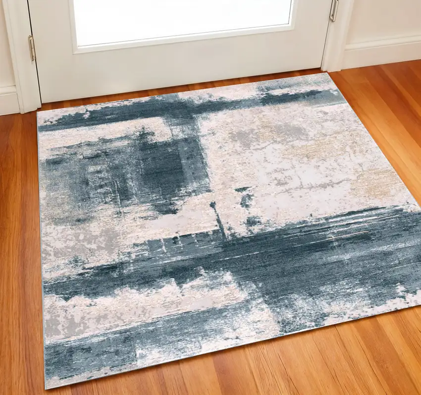 Blue Beige And Gray Abstract Square Rug Photo 1