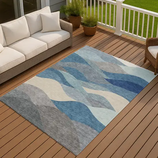 Blue Beige And Gray Abstract Washable Indoor Outdoor Area Rug Photo 2