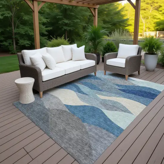 Blue Beige And Gray Abstract Washable Indoor Outdoor Area Rug Photo 5