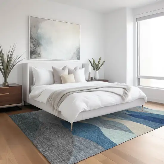 Blue Beige And Gray Abstract Washable Indoor Outdoor Area Rug Photo 4