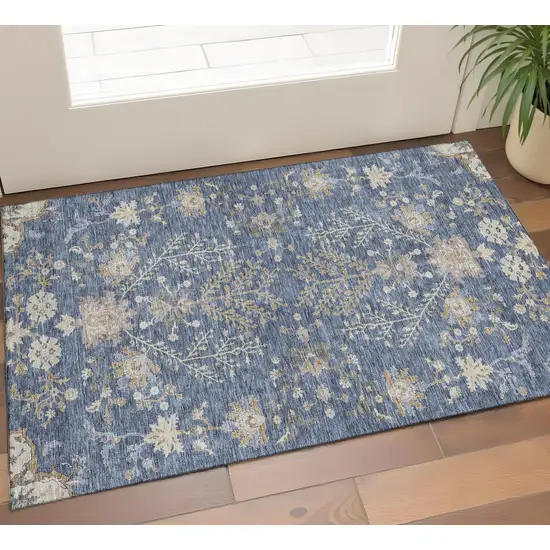 Blue Beige And Gray Floral Washable Area Rug With UV Protection Photo 1