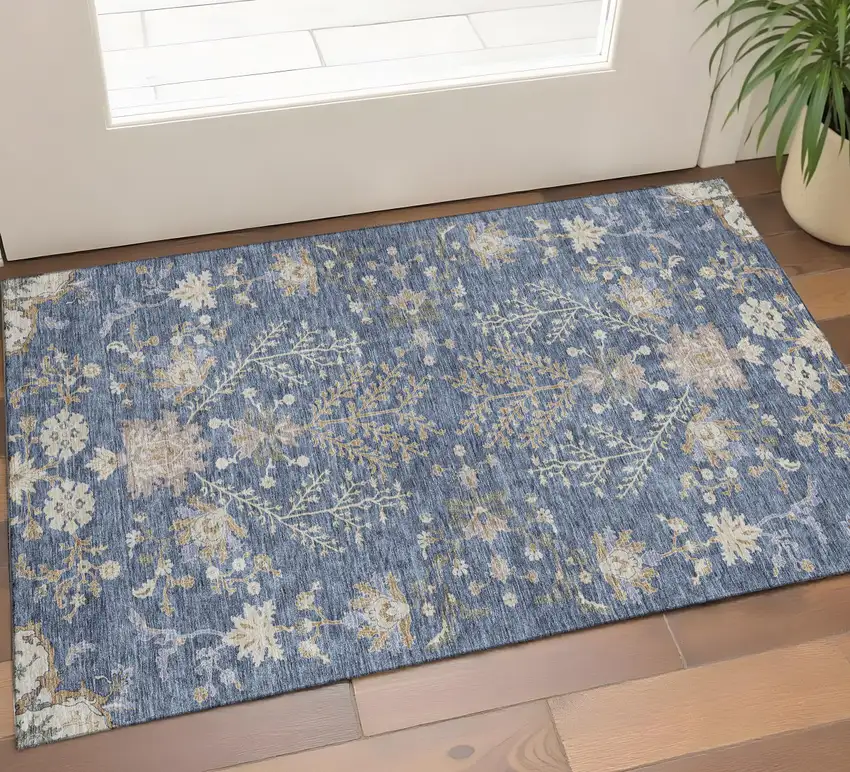 Blue Beige And Gray Floral Washable Area Rug With UV Protection Photo 1
