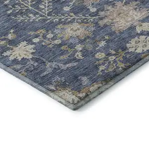 Photo of Blue Beige And Gray Floral Washable Area Rug With UV Protection