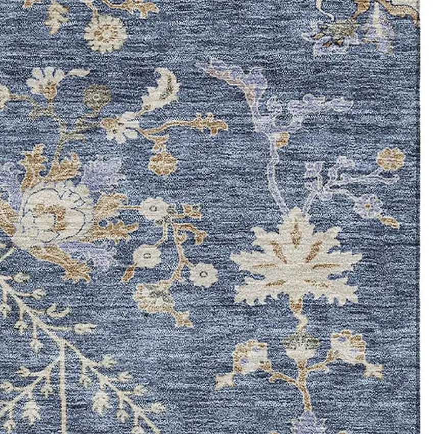 Blue Beige And Gray Floral Washable Area Rug With UV Protection Photo 4
