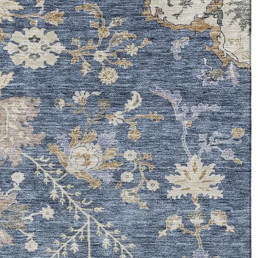 Blue Beige And Gray Floral Washable Area Rug With UV Protection Photo 5