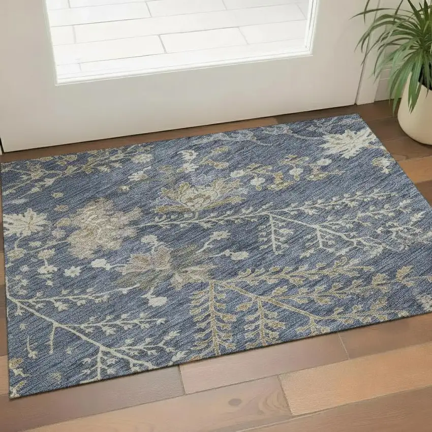 Blue Beige And Gray Floral Washable Area Rug With UV Protection Photo 2