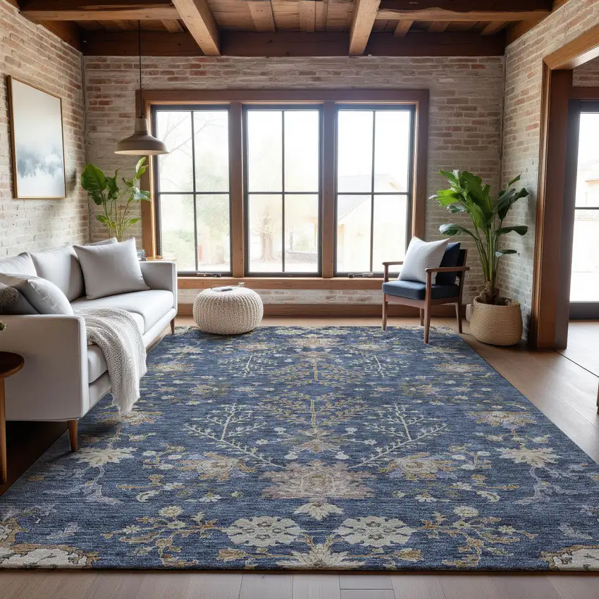 Blue Beige And Gray Floral Washable Area Rug With UV Protection Photo 4