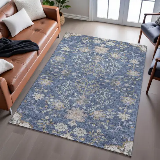 Blue Beige And Gray Floral Washable Area Rug With UV Protection Photo 5