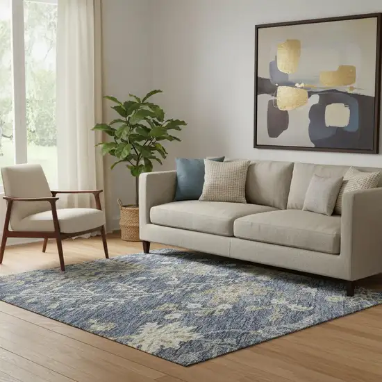 Blue Beige And Gray Floral Washable Area Rug With UV Protection Photo 2
