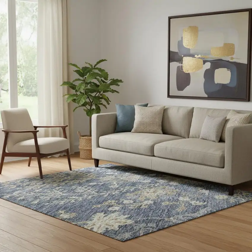 Blue Beige And Gray Floral Washable Area Rug With UV Protection Photo 2