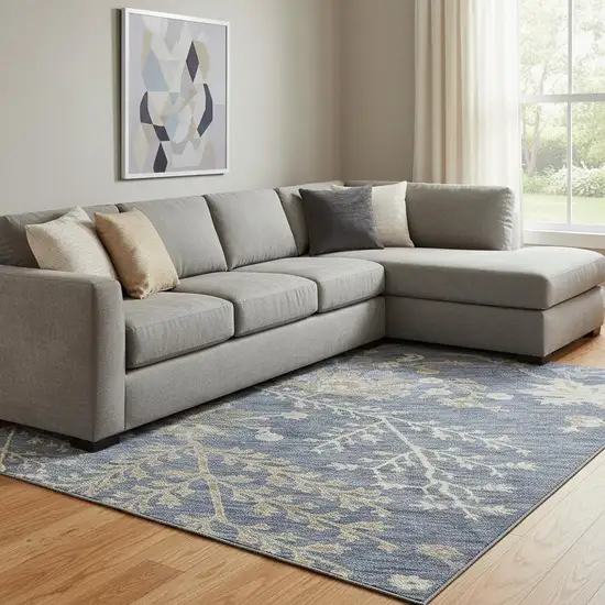 Blue Beige And Gray Floral Washable Area Rug With UV Protection Photo 2