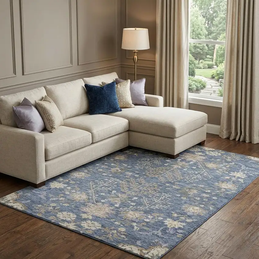 Blue Beige And Gray Floral Washable Area Rug With UV Protection Photo 1