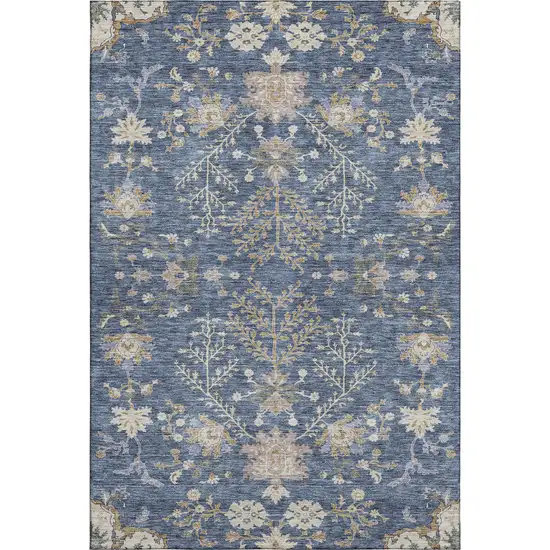 Blue Beige And Gray Floral Washable Area Rug With UV Protection Photo 6