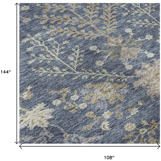 Blue Beige And Gray Floral Washable Area Rug With UV Protection Photo 5