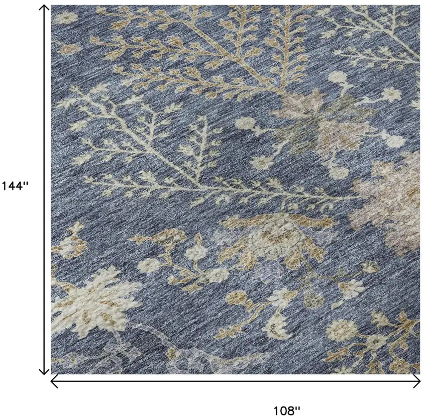Blue Beige And Gray Floral Washable Area Rug With UV Protection Photo 5