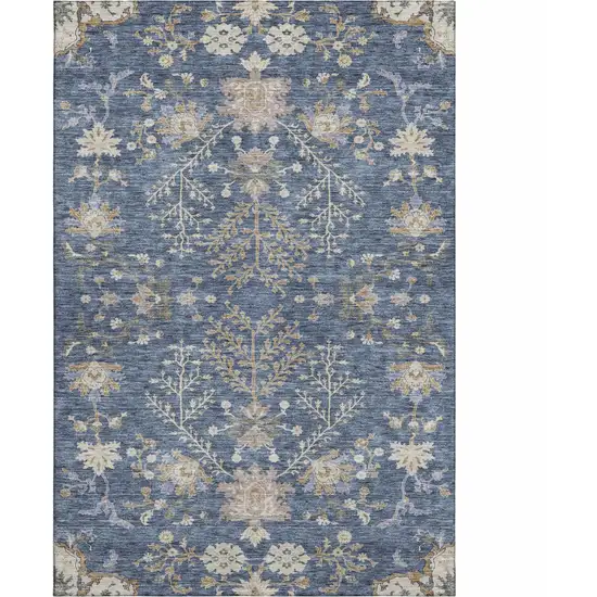 Blue Beige And Gray Floral Washable Area Rug With UV Protection Photo 2