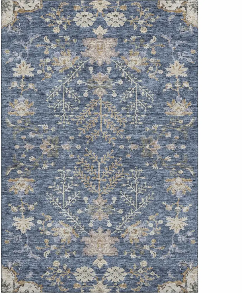 Blue Beige And Gray Floral Washable Area Rug With UV Protection Photo 2