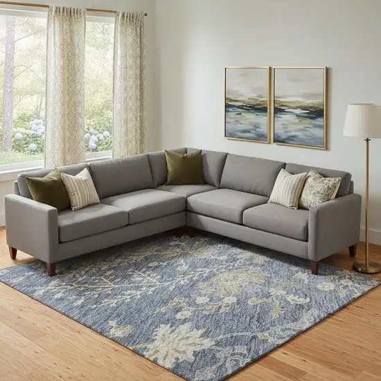 Blue Beige And Gray Floral Washable Area Rug With UV Protection Photo 2