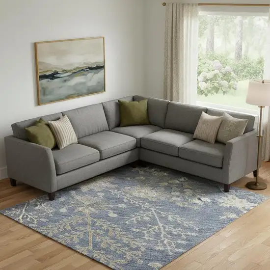 Blue Beige And Gray Floral Washable Area Rug With UV Protection Photo 2