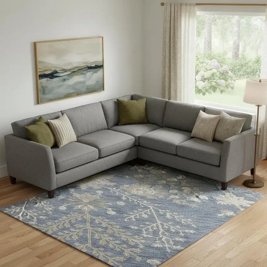 Blue Beige And Gray Floral Washable Area Rug With UV Protection Photo 2