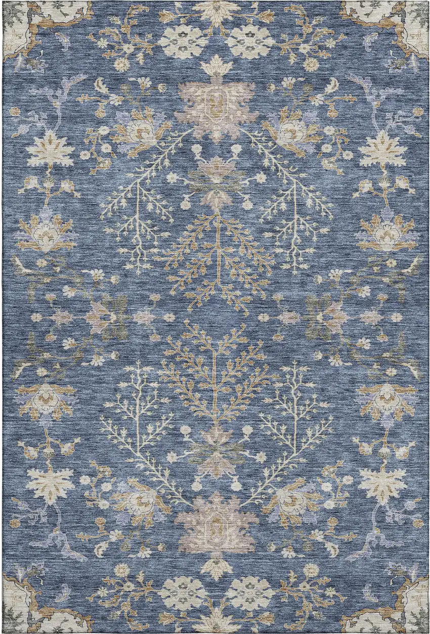 Blue Beige And Gray Floral Washable Area Rug With UV Protection Photo 6
