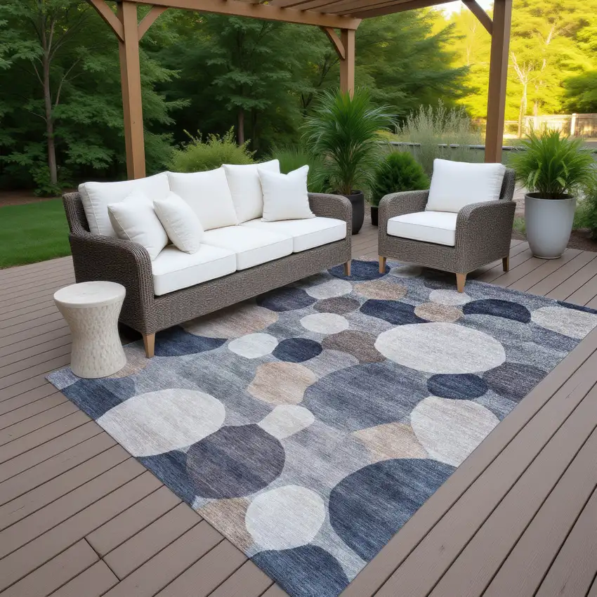 Blue Beige And Gray Geometric Washable Indoor Outdoor Area Rug Photo 7