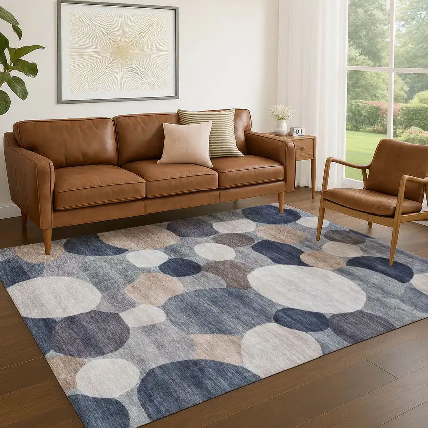 Blue Beige And Gray Geometric Washable Indoor Outdoor Area Rug Photo 5
