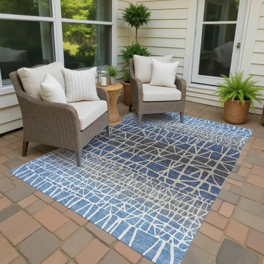 Blue Beige And Gray Geometric Washable Indoor Outdoor Area Rug Photo 4