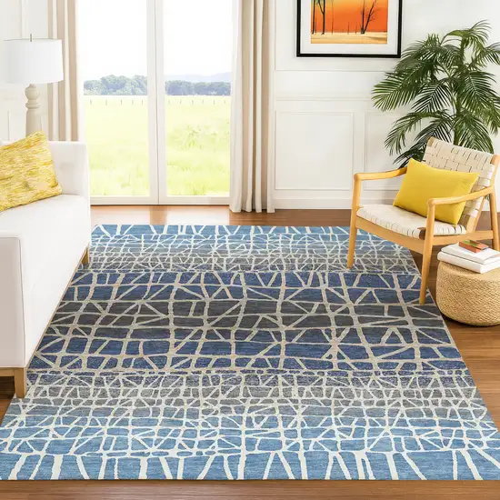 Blue Beige And Gray Geometric Washable Indoor Outdoor Area Rug Photo 4