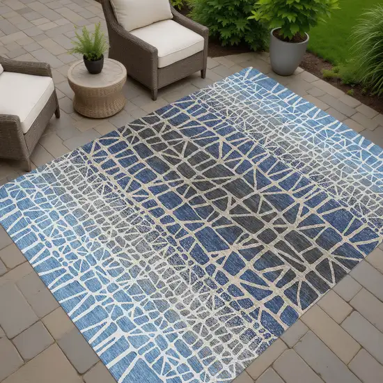 Blue Beige And Gray Geometric Washable Indoor Outdoor Area Rug Photo 6
