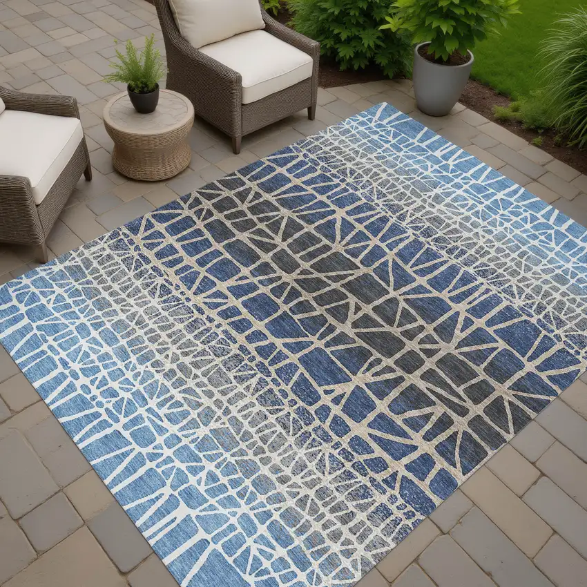 Blue Beige And Gray Geometric Washable Indoor Outdoor Area Rug Photo 6