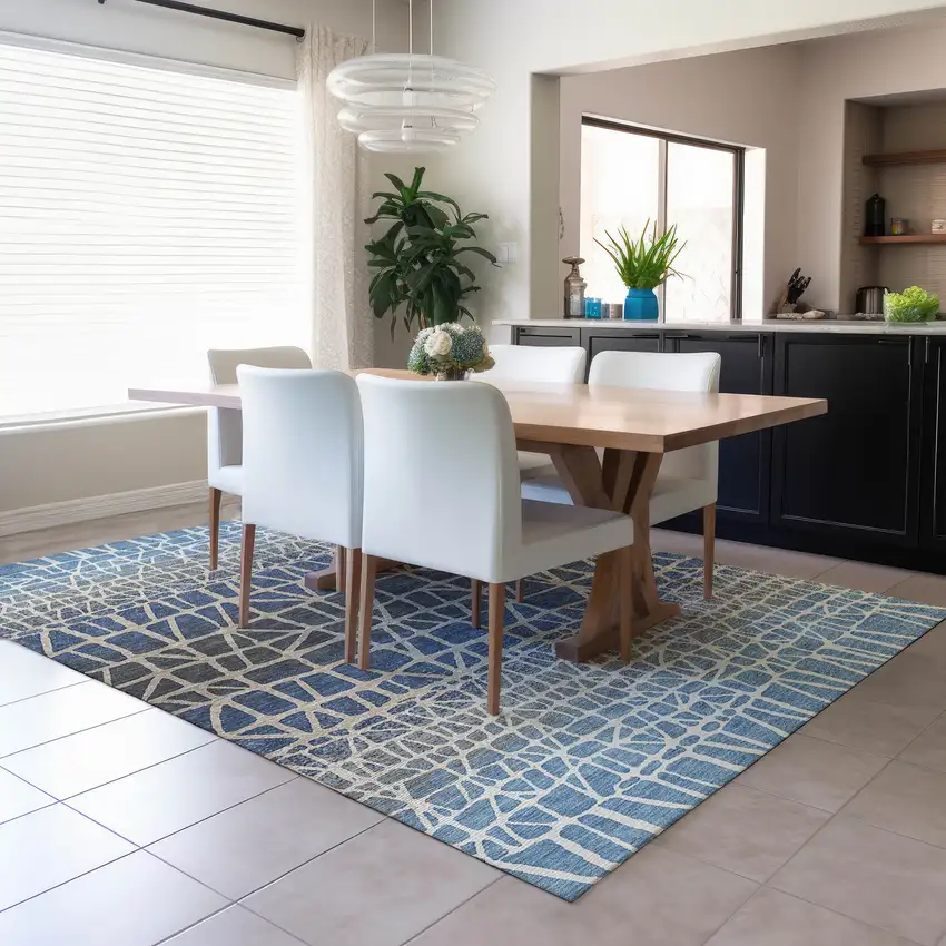 Blue Beige And Gray Geometric Washable Indoor Outdoor Area Rug Photo 5