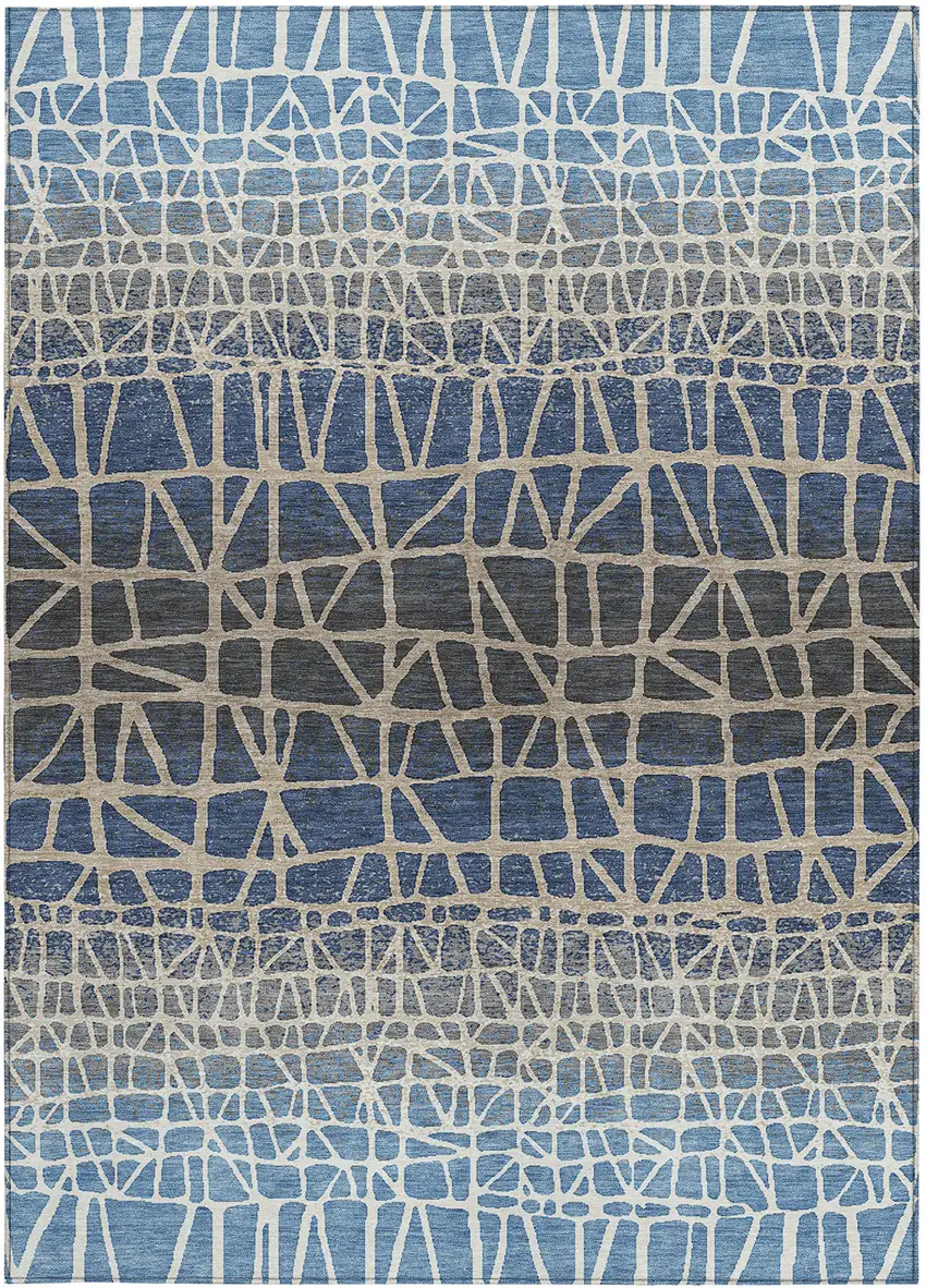 Blue Beige And Gray Geometric Washable Indoor Outdoor Area Rug Photo 2
